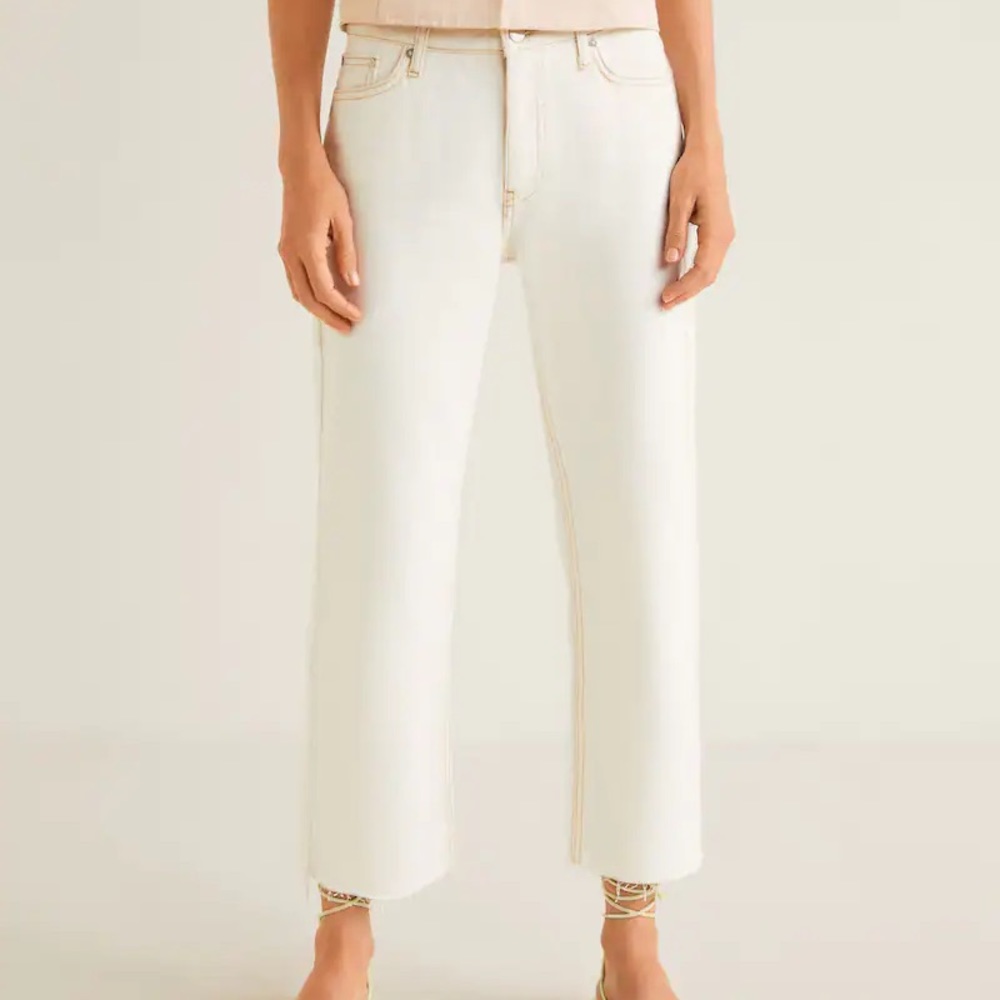 MANGO MNG Relaxed Wide Leg Cropped Frayed Jeans
